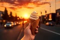 street dessert hand hold food summer cream cone cold ice sweet. Generative AI.