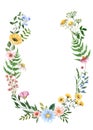 Pretty and colorful floral wreath. Watercolor hand painted wildflowers, plants, herbs Royalty Free Stock Photo