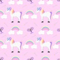 Pretty Colorful Unicorn with Clouds, Rainbows, Magical Wands and Butterflies on Pink Background Seamless Pattern