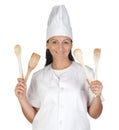 Pretty cook girl with wooden cookware Royalty Free Stock Photo