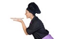 Pretty cook woman smelling ham pizza Royalty Free Stock Photo