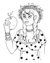 Pretty country girl with braids and wreath on her head holding a big apple in her hand.