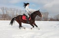 Pretty country girl riding her horse through snow at winter morning Royalty Free Stock Photo