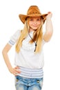 Pretty cowgirl in hat, white blouse and jeans Royalty Free Stock Photo