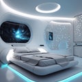 Pretty and cute bedroom futuristic interior design. High tech futuristic bedroom with sleek furniture.