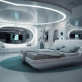 Pretty and cute bedroom futuristic interior design. High tech futuristic bedroom with sleek furniture.