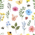 Pretty and cute floral seamless pattern with colorful wild flowers, bees and butterflies on white background. Watercolor Royalty Free Stock Photo