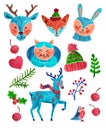 Pretty cute funny smiling animal set with Christmas mood. Hand painting acrylic, oil paint or gouache