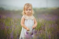 Pretty cute little girl is wearing white dress in a lavender field holding a basket full of purple flowers Royalty Free Stock Photo