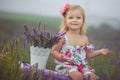 Pretty cute little girl is wearing white dress in a lavender field holding a basket full of purple flowers Royalty Free Stock Photo