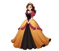 Pretty cute princess standing and wearing golden ball dress. Brown curly hair, big anime eyes