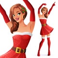 Pretty dancing woman in Christmas Santa costume. Isolated vector illustration.