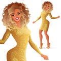 Pretty dancing woman in golden glitter dress. Isolated vector illustration.