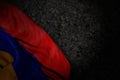 Pretty dark illustration of Armenia flag with big folds on dark asphalt with empty place for your text - any celebration flag 3d