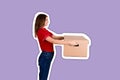 Pretty delivery girl is giving a cardboard box to a customer Magazine collage style with trendy color background Royalty Free Stock Photo