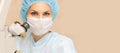 Pretty doctor woman portrait. Ophthalmology laser microscope operation. Clinic room. Patient eye treatment. Myopia and cataract Royalty Free Stock Photo