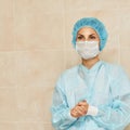 Pretty doctor woman portrait. Ophthalmology laser microscope operation. Clinic room. Patient eye treatment. Myopia and cataract Royalty Free Stock Photo