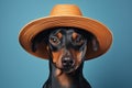 Pretty dog in summer hat posing on blue background