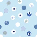 Pretty doodled flowers seamless pattern with random circles. Navy blue,grey, white, baby blue background. Royalty Free Stock Photo
