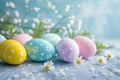 Pretty Easter eggs in pastel colors with hand-painted dots and flower decorations