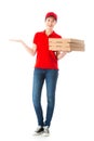 Pretty woman pizza delivery officer holding box Royalty Free Stock Photo