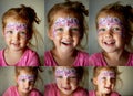 Pretty exciting blue-eyed girl of 2 years with a face painting. Collage Royalty Free Stock Photo