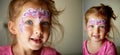 Pretty exciting blue-eyed girl of 2 years with a face painting Royalty Free Stock Photo