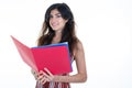 Pretty executive business woman manager holding paper on white background