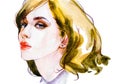 Modern Young blonde woman portrait hand drawn watercolor illustration Royalty Free Stock Photo