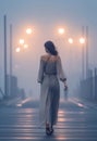 pretty fashion urban wear woman walking away in the sun setting dystopian foggy street alley.