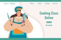 Pretty fat woman cooking with knife, spoon and fork and writing Cooking Lesson online. Banner, website, illustration vector Royalty Free Stock Photo