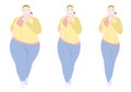 Pretty fat woman fitness stages weight loss, flat drawing, colorful vector illustration. Plump girl in three stages of losing weig