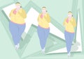 Pretty fat woman fitness stages weight loss, flat drawing, colorful vector illustration. Plump girl in three stages of losing weig