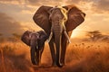 a pretty father and son elephants on grassland