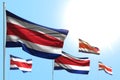 Pretty 5 flags of Costa Rica are wave against blue sky photo with soft focus - any celebration flag 3d illustration