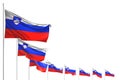 Pretty feast flag 3d illustration - many Slovenia flags placed diagonal isolated on white with space for your content