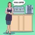 Pretty Female Barista with Cup of Coffee in Cafe. Pop Art retro illustration