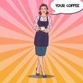 Pretty Female Bartender with Cup of Coffee in Cafe. Pop Art retro illustration