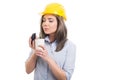 Pretty female constructor enjoying takeaway coffee