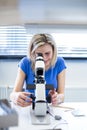 Pretty, female optometrist measuring newly made glasses