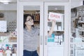 Store owner turning open sign