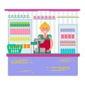 Pretty female working as cashier in shop or supermarket. Woman r