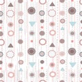 Pretty feminine seamless pattern in which floral and geometric elements are combined. Retro vintage background in pastel colors