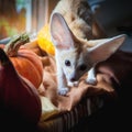 Pretty Fennec fox cub with Haloween pumpkins