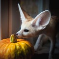 Pretty Fennec fox cub with Haloween pumpkins