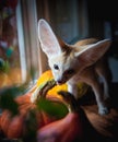 Pretty Fennec fox cub with Haloween pumpkins