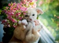 Pretty fennec fox cub with pink flowers