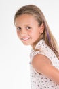 Pretty young child girl in flowers dress smile and happy under white background