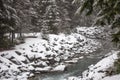 Fresh snow falling onto river banks and trees, Whistler, BC Royalty Free Stock Photo