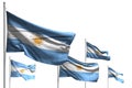 Pretty five flags of Argentina are waving isolated on white - any feast flag 3d illustration